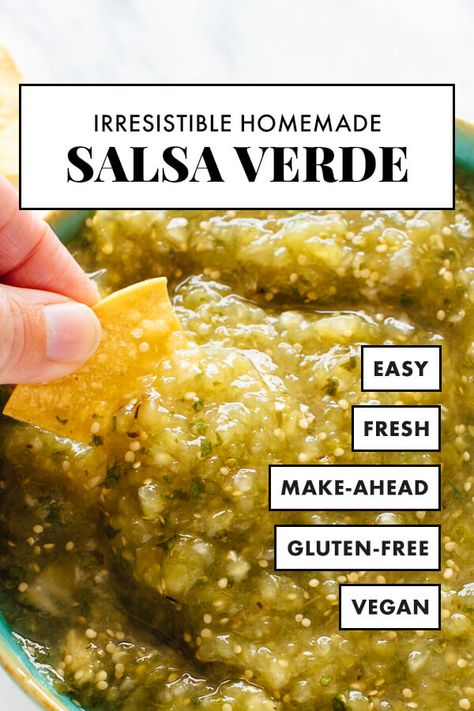 This homemade salsa verde is FRESH, simple and DELICIOUS! Once you try this roasted salsa verde recipe, you'll never go back to store-bought. This recipe will take your Mexican meals to the next level. #cookieandkate #homemade #salsaverde #simple #fresh Roasted Salsa Verde Recipe, Roasted Salsa Verde, Roasted Tomatillo Salsa, Roasted Salsa, Homemade Salsa Verde, Salsa Verde Recipe, Roasted Tomatillo, Easy Food Recipes, Seven Layer Dip