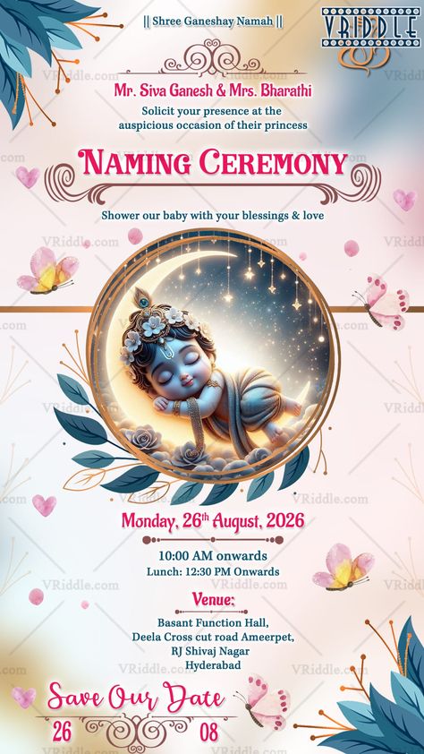 Ceremony Invitation Card, Blue Color Background, Naming Ceremony Invitation, Indian Invitation Cards, Spiritual Event, Traditional Baby Names, Ceremony Invitation, Navratri Images, Baby Shower Invitation Cards