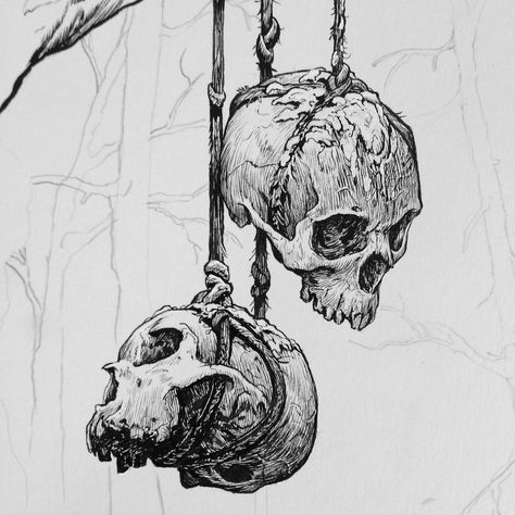 Skull Hanging, Skeleton Drawings, Skull Art Drawing, Skulls Drawing, Dark Art Tattoo, Skull Illustration, Skull Artwork, Skeleton Art, Desenho Tattoo