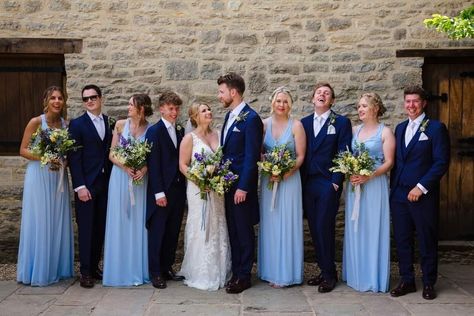 Navy Suit Light Blue Bridesmaids, Cornflower Blue Groomsmen, Navy And Light Blue Wedding Party, Pale Blue Bridesmaid Dresses With Groomsmen, Blue Bridesmaid Dresses With Groomsmen, Periwinkle Bridesmaid Dresses, Light Blue Bridesmaids, Flower Shed, Navy Groomsmen Suits