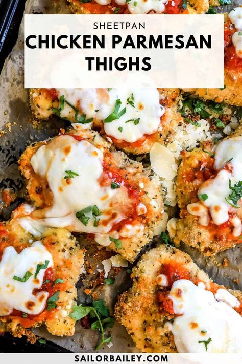 Parmesan Chicken Thighs are so easy to make. They are baked, not fried all on one sheet pan. Great to feed a crowd or meal prep! 
 via @sailor_bailey Chicken Thigh Parmesan Recipe Baked, Chicken Thigh Parmesan, Boneless Chicken Thigh Parmesan Recipe, Chicken Thigh Sheet Pan, Chicken Thigh Sheet Pan Recipes, Parmesan Crusted Chicken Thighs, Parmesan Chicken Thighs, Chicken Thigh Sheet Pan Dinner, Chicken Thigh Parmesan Recipe