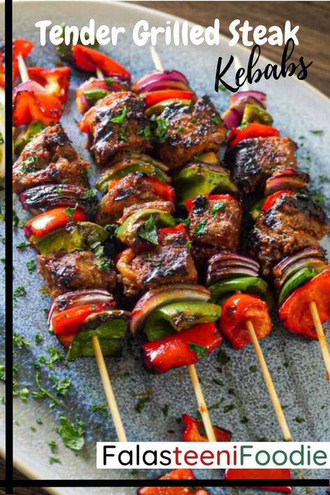 A must try recipe of tender steak kebab chunks. Steak is cut and marinated with juicy and delicious flavors to be grilled with charred vegetables. Beef Skewers Grill, Steak Skewers, Steak Kebabs, Beef Kebabs, Delicious Steak, Kebabs On The Grill, Beef Skewers, Tender Steak, Steak Cuts