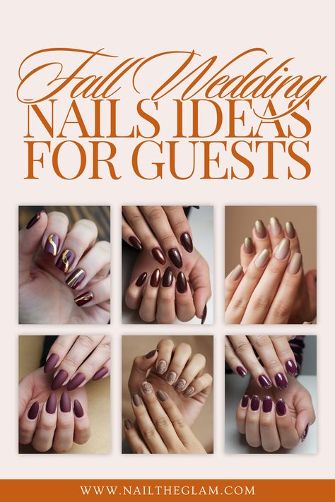 Article to explore 20 stunning fall wedding nail ideas for guests, featuring warm tones and elegant designs perfect for the autumn season. Nails For Wedding Guest, Wedding Nail Ideas, Wedding Nails Ideas, Fall Wedding Nails, Elegant Fall Wedding, Fall Nail Ideas, Autumn Weddings, Autumn Tones, Copper Glitter