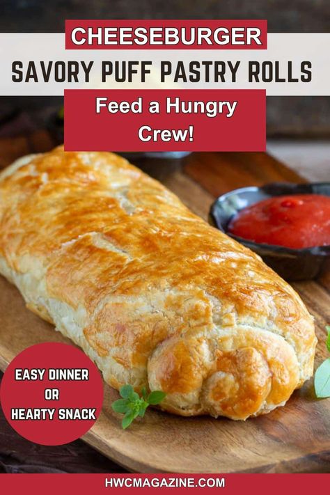 Kick off your next gathering with our easy crowd-pleasing cheese and ground beef puff pastry rolls. This savory cheeseburger-style appetizer is filled with seasoned minced beef and melty cheese, rolled in a puff pastry sheet, and baked to perfection. It’s the perfect hearty tailgating snack or even dinner idea. Puff Pastry Recipes Dinner, Puff Pastry Rolls, Puff Pastry Snacks, Pastry Rolls, Savory Puff Pastry, Phyllo Recipes, Tailgate Snacks, Turnover Recipes, Hearty Snacks