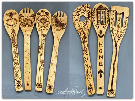 wood burning bamboo spoons | Flickr - Photo Sharing! Beginner Wood Burning, Wood Burn Spoons, Pyrography Designs, Wood Burning Pen, Wood Burn Designs, Pyrography Patterns, Spoon Art, Woodburning Projects, Pyrography Art