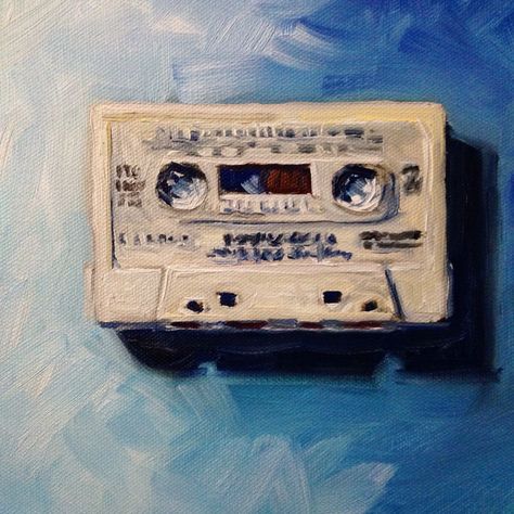 "White Cassette on Blue" 8x8 inch oil on canvas; daily painting number 70 #dailypainting #paintingaday #oilpainting #oils #80s #tapeCassette #painting #art Toy Paintings Art, 80s Painting Ideas On Canvas, Old School Paintings, Music Painting Ideas Easy, 80s Aesthetic Art, Cassette Tape Painting, 80s Drawings, Cassette Painting, 80s Painting