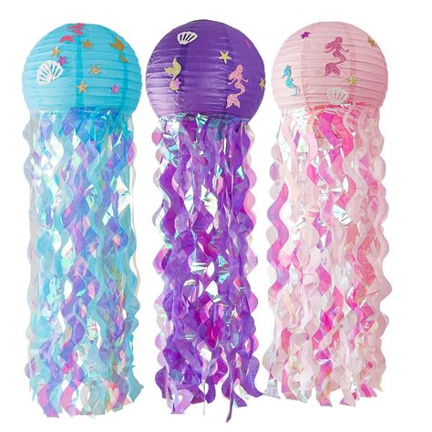 Hanging Jellyfish, Jellyfish Lantern, Mermaid Birthday Decorations, Diy Christmas Table, Christmas Party Photo, Hanging Paper Lanterns, Girls Birthday Party Decorations, Party Layout, Mermaid Sticker