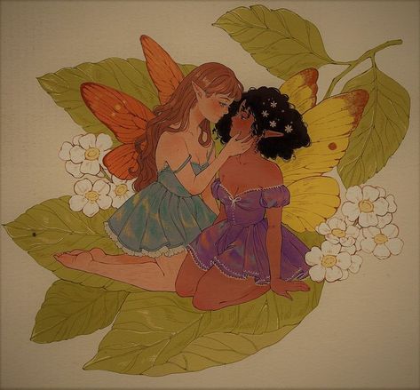 Simple Cute Hairstyles, Cottage Core Art, Woman Loving Woman, Hairstyles For Girls, Cute Cottage, Lesbian Art, Queer Art, Beautiful Fairies, Fairy Art