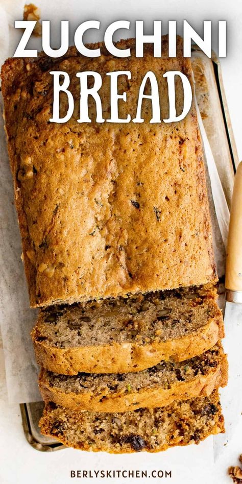 Tender, moist, and sweet, this Zucchini Bread makes a great breakfast, snack, or dessert. Plus, it's packed with plenty of nuts and raisins for extra texture and crunch! Recipe For Zucchini Bread, Homemade Corn Muffins, Recipe For Zucchini, Italian Bread Recipes, Grated Zucchini, Zucchini Bread Recipe, Healthy Bread Recipes, Flat Breads, Loaf Cakes