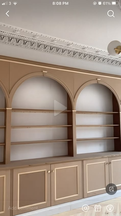 Arch Wall Bar, Arch Top Bookcase, Alcove Ideas Living Room Wall Niches, Arched Built In Cabinet, Built In With Arch, Art Nouveau Library, Arched Library, Arched Closet, Arc Cabinet