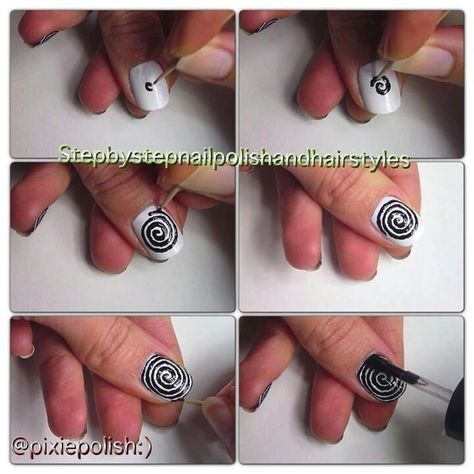 Diy Goth Nails, Spiral Nails Tutorial, Nail Art Grunge, Goth Short Nails, Spiral Nail Art, Grunge Nail Ideas, Album Cover Nails, Spiral Clothes, Emo Nail Art