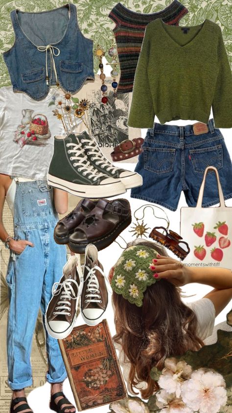 Summer Cottagecore Outfits, Soft Grunge Outfits Aesthetic, Cottagecore Summer Outfits, Overalls Outfit Aesthetic, Head Scarf Outfit, Earth Grunge, Lorelai Gilmore Style, Obx Fits, Folk Aesthetic