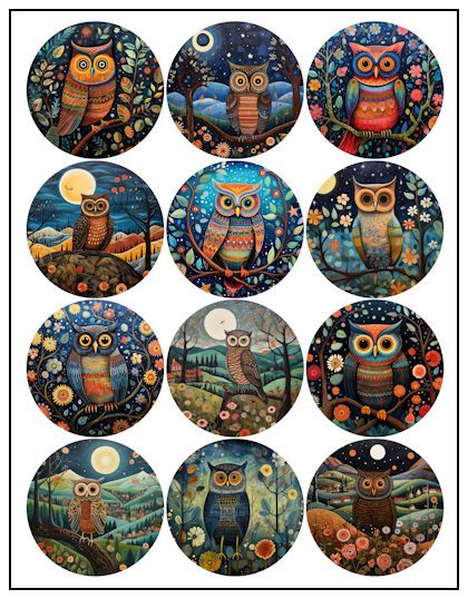 Our free printable Owl Naive Art 2-1/4″ Magnet Designs will make a great addition or start to your fridge magnet design collection. These 2-1/4″ designs are intended for use in making 2-1/4″ round refrigerator magnets, using a 2-1/4″ button machine and graphic punch cutter. Actual print size is approximately 2-1/2″ to allow for wrap-around on magnet. Owl Stickers Free Printable, Badge Design Ideas, Fridge Magnet Design, Button Machine, Magnet Design, Owl Stickers, Pin Template, Magnet Crafts, Bottle Cap Crafts