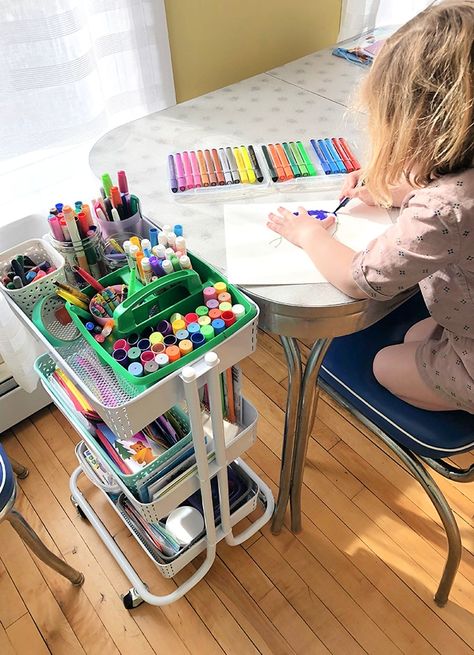 Art Cart For Kids, Kids Art Corner, Art Materials Organization, Kids Art Storage, Kids Craft Storage, Kids Art Space, Rangement Art, Art Caddy, Cave Basement