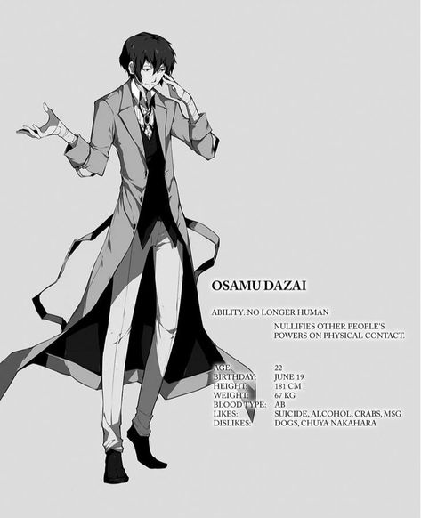 Osamu Dazai, Bungou Stray Dogs Characters, Dazai Bungou Stray Dogs, Character Profile, Dazai Osamu, Bongou Stray Dogs, Anime Profile, Stray Dogs Anime, An Anime