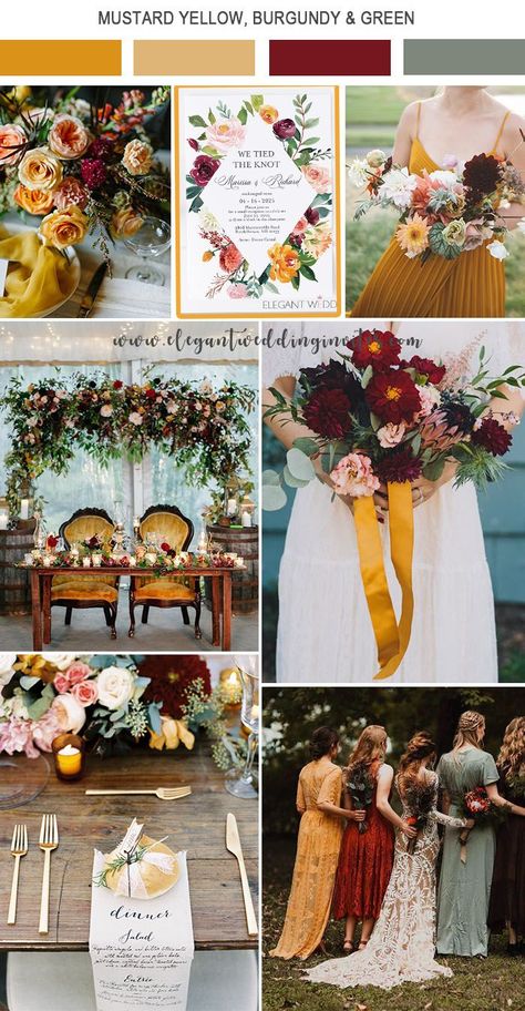 bold mustard yellow and dark red fall wedding color ideas Wedding Mustard Yellow, Muted Color Wedding Theme, Mustard Yellow Wedding Decor, Marigold Wedding Colors, Mustard Yellow Wedding Theme, Yellow Rustic Wedding, Mustard Wedding Colors, Vintage Fall Wedding, Bold Wedding Colors