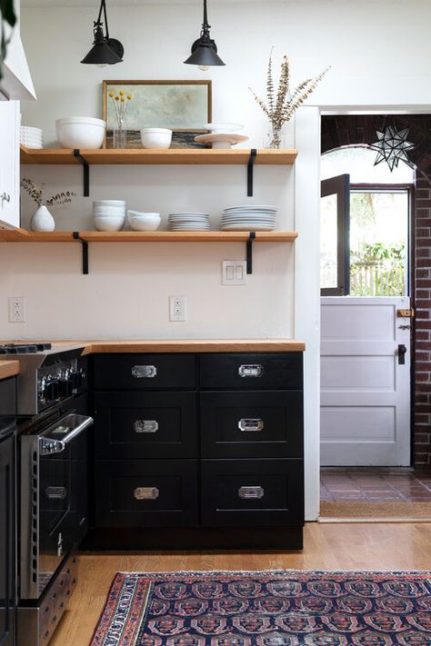 Home Tour // A Thoughtfully-Renovated California Craftsman Full of Historic Charm and Modern Touches — The Grit and Polish The Grit And Polish, Grit And Polish, Break Wall, Kitchen Aesthetic, Oak Shelves, Wall Kitchen, Ranch Style Home, Classic Kitchens, Black Cabinets