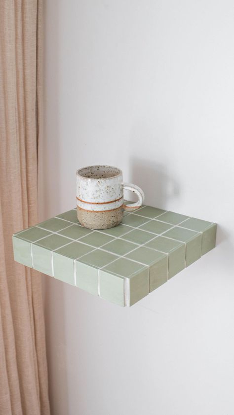 Geneva Vanderzeil | Making a tiled floating shelf! As soon as I saw these simple $15 shelves at @bunnings I knew it would her perfect for a glow up, using, you… | Instagram Tile Floating Shelves, Tile Shelf Diy, Tiled Floating Shelf, Tile Shelves, Tile Shelf, Tiled Shelf, Mounting Shelf On Tile, Diy Tile Tray, Tiled Lack Table