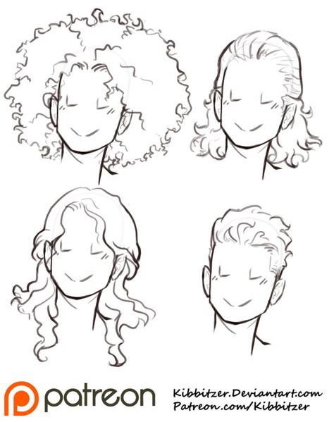 Kibbitzer                                                                                                                                                                                 More Simplified Curly Hair Drawing, Messy Hair Drawing Reference, How To Draw Black Hair, Anatomy Template, Blender Projects, Ako Kresliť, Hair Drawings, Curly Hair Drawing, Drawing Hair