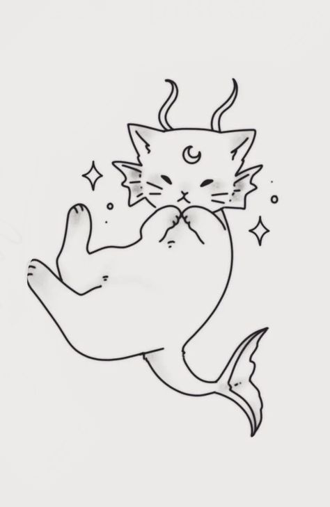 Aquarius Cat Tattoo, Fish Cat Drawing, Moon And Fish Tattoo, Pisces Cat Tattoo, Fish Drawings Cute, Cat And Fish Drawing, Cat And Fish Tattoo, Mercat Tattoo, Cat Mermaid Tattoo