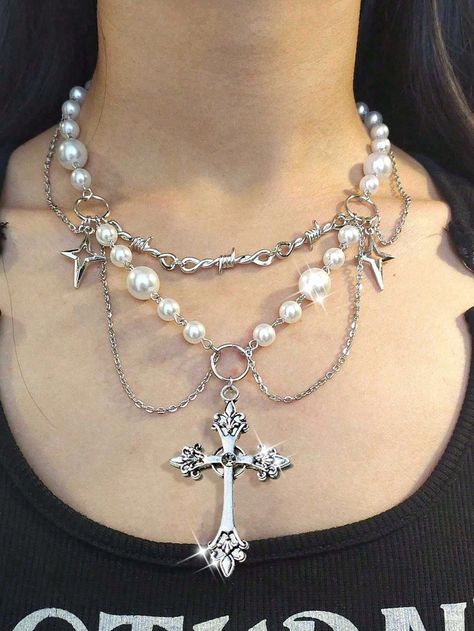 Unique Design Double-Layered High-Gloss Pearl Tassel Cross Star Necklace For Women, Versatile; Faux Pearl Tassel Heart-Shaped Diamond-Encrusted Cross Necklace For Women, Versatile; Y2K Beaded Chain Necklace For Women, Unique Style; Heart-Shaped Faux Pearl Cross Choker Necklace, Trendy Jewelry For Women Silver    Stainless Steel     Women Fashion Jewelry, size features are:Bust: ,Length: ,Sleeve Length: Gothic Jewelry Diy, Cross Choker Necklace, Cross Choker, Goth Y2k, Goth Jewelry, Women Pendant, Gothic Necklace, Heart Shaped Diamond, Gothic Style