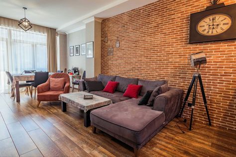 Brick Wall Interior Living Room Modern, Red Brick Interior Living Rooms, Red Brick Wall Living Room, Red Brick Wall Interior, Brick Wall Interior Living Room, Wall Behind Sofa, Brick Wall Living Room, Mom Inspo, Brick Apartment