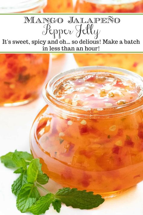 This sweet, spicy Mango Jalapeño Pepper Jelly makes a lovely gift and is a fabulous appetizer served with crackers and spooned over goat or cream cheese. Jalapeño Jelly, Jalapeno Pepper Jelly, Pepper Jelly Recipes, Jalapeno Jelly, Mango Jelly, Jams And Jellies, Hot Pepper Jelly, Jalapeno Pepper, Jam Recipes Homemade