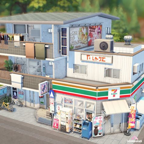 Sims 4 Japanese Convenience Store, Sims 4 Cc Convenience Store, Flower Shop Bloxburg Interior, Japanese City Buildings, Syd Mac Sims 4 Builds, Japanese Apartment Building Exterior, Japanese Bloxburg Town, Sims 4 Japanese House Cc, Minecraft Convenience Store