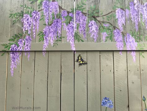 Fence Mural - Wisteria flowers and butterfly Wall Murals Painted Outdoor Brick, Flower Fence Painting, Privacy Fence Murals, Garden Fence Mural, Outdoor Garden Mural, Shed Murals Outdoor Easy, Outdoor Fence Mural, Garden Wall Mural Outdoor, Fence Murals Painted