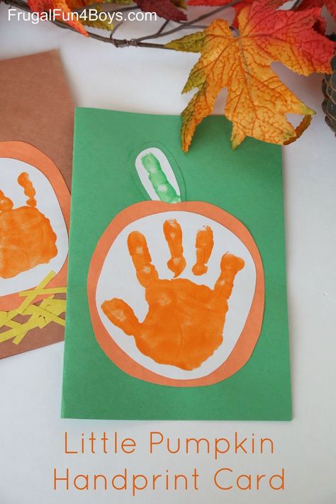 Little Pumpkin Handprint Card - Make it to send or as a keepsake! Pumpkin Handprint, Hand Print Art, Halloween Crafts For Toddlers, October Crafts, Easy Fall Crafts, Fall Craft, Finger Print, Daycare Crafts, Fall Crafts For Kids