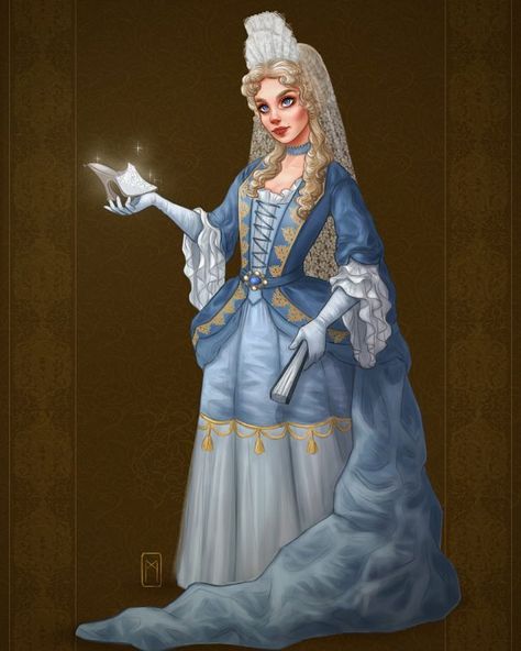 - Historically accurate Cinderella - A lot of research went into this one, and there is still so much to learn! I pictured her as a late 17th century French woman. Fashion was really evolving at that time. The baroque style period was going into rococo so everything (including clothing) became more ornate and refined. The waistline transformed from a broad, high-waisted silhouette (from the previous period) into a long, lean line with a low waist. She’s also wearing a ‘fontange’ on her head,... Historical Cinderella, Cinderella Art, Alternative Disney Princesses, Alternative Disney, Disney Princess Cinderella, Disney Artwork, Disney Cosplay, Disney Princess Art, Baroque Style