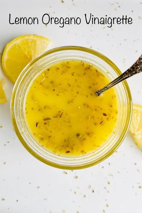 This lemon oregano vinaigrette is bursting with flavor. It's easy to make and delicious. Greek Lemon Vinaigrette Dressing, Greek Lemon Vinaigrette, Lemon Oregano Vinaigrette, Oregano Dressing Recipe, Oregano Recipes Fresh, Lemon Herb Vinaigrette, Fresh Oregano Recipes, Lemon Vinegarette Dressing, Oregano Vinaigrette Recipe