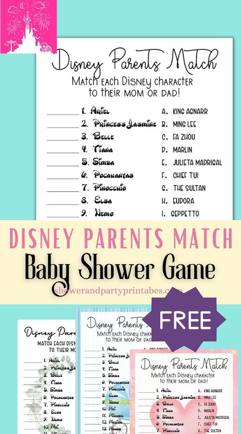 Instant download of a Disney parents matching game and answer key to use with your baby shower guests! A fun game in three different color options. Disney Baby Shower Games, Disney Themed Baby Shower Ideas, Disney Parents, Cinderella Baby Shower, Disney Baby Names, Homemade Baby Gifts, Mickey Baby Showers, Baby Name Game, Disney Princess Babies