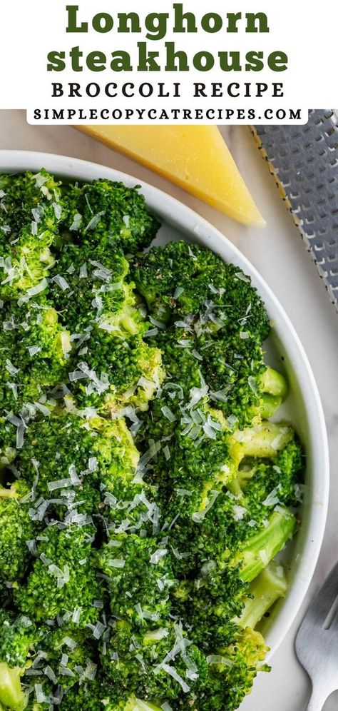 Looking to add some color to your dinner table? This copycat Longhorn Steakhouse Broccoli recipe is the answer! Fresh broccoli is cooked to a tender-crisp texture, smothered in a delicious garlic butter sauce, and topped with parmesan cheese. It's the perfect side dish for any meal. Longhorn Steakhouse Broccoli Recipe, Outback Steamed Broccoli Recipe, Longhorn Broccoli Recipe, Garlic Broccoli Recipes, Steakhouse Broccoli, Steak Sides Dishes, Sides For Steak, Longhorn Steakhouse Recipes, Copycat Longhorn