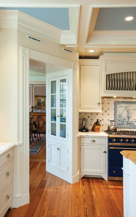 Greek Revival Kitchen, Crown Point Cabinetry, Blue And White Kitchen, Greek Villa, Greek Revival Home, Cabinet Paint, Country Farmhouse Style, Brick Backsplash, Face Frame