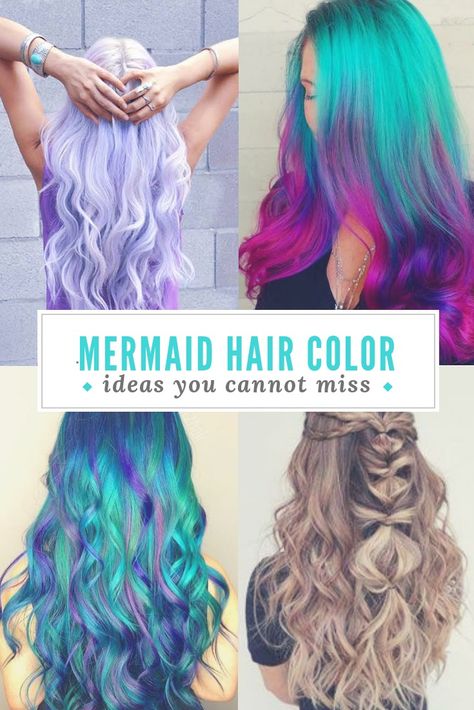 MERMAID HAIR COLOR BECAUSE  YOU ARE MERMAZING-one of the most popular trends of the year 2019. The hair, through it’s color highlights and creation, successfully reflects the waves of the ocean. Mermaid hair is a perfect blend of the vivid shades of ocean colors including pastel shades, aqua tones, deep blue, green, pink and wine highlights. It can be termed as an expert implementation of multiple ocean shades. 🌊#hair #color #ideas #mermaid #ocean #blonde #hairstyle #haircut Blonde Galaxy Hair, Mermaid Hair Dye Ideas, Teal Hair Styles, Mermaid Hair Highlights, Mermaid Hair How To, Mermaid Hairstyles For Short Hair, Multiple Hair Color Ideas, Mermaid Hair Braid, Vivid Hair Color Ideas Blondes