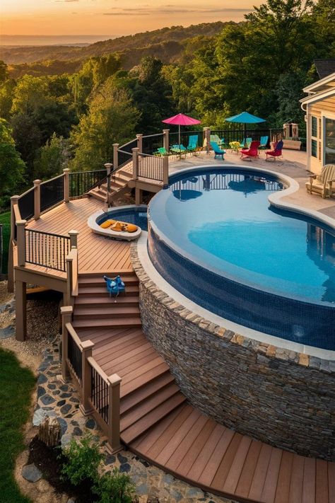 Create a modern and airy feel with floating deck designs that visually enhance your above-ground pool. #FloatingDeck #ModernDesign #PoolStyle Bump Out Addition, Deck Ideas On A Budget, Pool Deck Decorations, Pool Cover Roller, Pool Deck Decorating Ideas, Above Ground Pool Deck Ideas, Backyard Upgrades, Above Ground Pool Deck, Bump Out