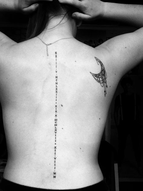 Spine Tat Date Spine Tattoo, Dates Down Spine Tattoo, Tattoo Along Spine, Roman Numbers Spine Tattoo, Roman Numerals Down Spine Tattoo, Roman Numeral Spine Tattoos For Women, Roman Numeral Tattoo Down Spine, Spine Tattoo Coordinates, Back Tattoo Women Spine Roman Numerals