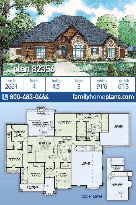 Craftsman Farmhouse Plans, Shake Siding, Basement House Plans, House Plans One Story, 4 Bedroom House Plans, Garage House Plans, House Layout Plans, European House, Traditional House Plans