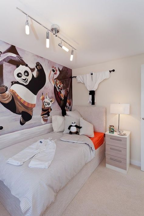 Panda Room Decor, Panda Room, Panda Theme, Decorating A Bedroom, Blue Ceilings, Superhero Room, Ideas For Decorating, Shared Bedroom, White Comforter