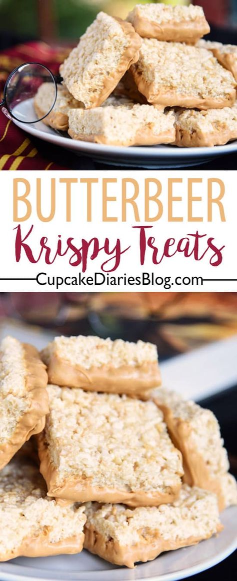 Party Halloween Food, Harry Potter Snacks, Butterbeer Recipe, Harry Potter Food, Krispy Treats, Festa Harry Potter, Cereal Treats, Rice Crispy Treats, Crispy Treats