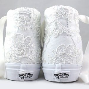 Ivory Lace Bridal Vans Sk8-hi Floral Lace lace Vans | Etsy Bridal Vans, Lace Vans, Wedding Tennis Shoes, Wedding Sneakers For Bride, Ribbon Shoe Laces, Wedding Vans, Bridal Converse, Bridal Sneakers, White High Top Converse