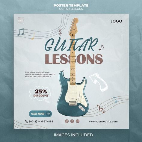 A poster for Guitar music Lessons Psd Designs, Guitar Music, Stationery Templates, Business Card Maker, Flyer Maker, Poster Invitation, Presentation Template Free, Music Lessons, Guitar Lessons