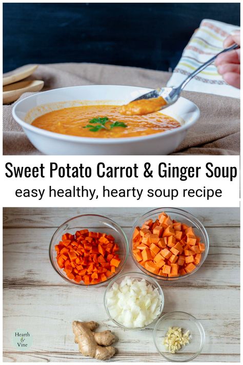 Sweet Potato And Ginger Soup, Carrot Sweet Potato Ginger Soup, Sweet Potato And Carrot Recipes, Carrot Sweet Potato Soup, Carrot And Sweet Potato Soup, Sweet Potato And Carrot Soup, Potato And Carrot Soup, Carrot Potato Soup, Carrot And Ginger Soup