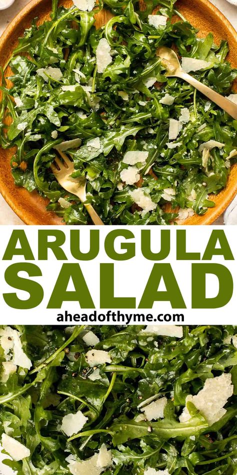 This Arugula Salad with Parmesan cheese and a simple homemade lemon dressing is healthy, fresh, and delicious. This versatile salad is easy to customize and goes well with almost any dinner entree. The best part? It takes just 5 minutes to toss together this arugula salad and serve as a great quick bite or side salad. You’ll want to make this arugula salad again and again because the flavor is just that good. | aheadofthyme.com #arugulasalad #arugula #easysalad via @aheadofthyme Salad With Parmesan Cheese, Arugula Salad Dressing, Italian Side Dishes, Fancy Foods, Arugula Recipes, Arugula Salad Recipes, Thyme Recipes, Italian Side, Yummy Salads