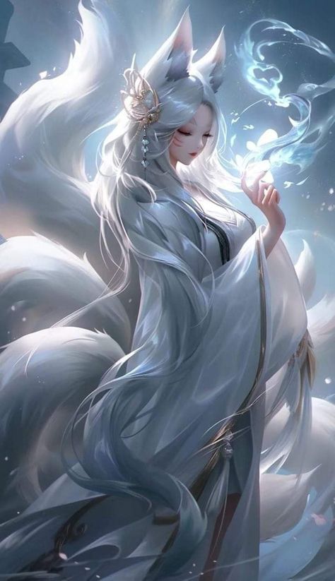 Celestial Kitsune, White Kitsune, Kitsune Fox Spirit, Kitsune Tattoo, Female Monster, Fox Artwork, Kitsune Fox, Fox Spirit, Fox Girl