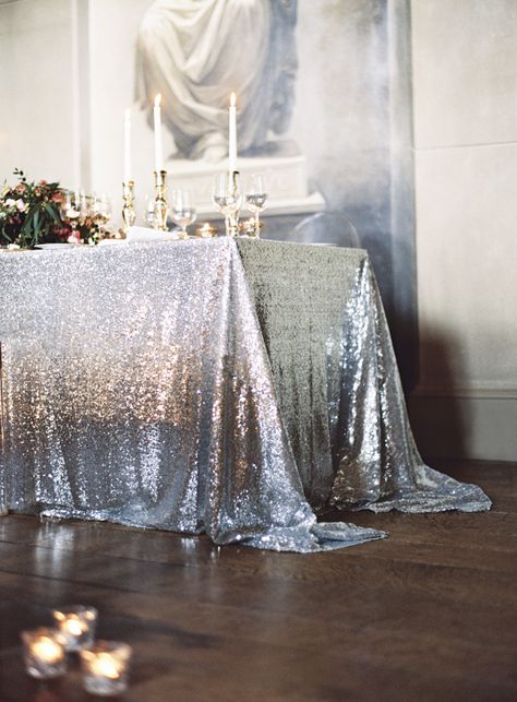 Silver sequin tablecloth | Sarah Hannam | see more on: http://burnettsboards.com/2015/07/classic-wedding-silver-gold/ Metallic Wedding, Sequin Tablecloth, Sequin Table, Silver Wedding Anniversary, Silver Party, Sequin Wedding, Winter Inspired, 25th Wedding Anniversary, Sparkle Wedding