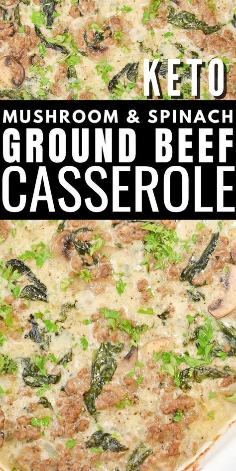 Cheesy Keto Mushroom & Spinach Ground Beef Casserole - This cheesy keto ground beef casserole is perfect for your family dinner! It is full of healthy spinach and mushrooms and kids love it. #keto #ketorecipes #ketodiet #Ketogroundbeefcasserole #groundbeefcasserole #groundbeef #casserolerecipes #dinner #food #recipes Keto Mushroom Lasagna, Hamburger Spinach Casserole, Ground Meat And Spinach Recipes, Ground Beef Spinach Casserole, Keto Ground Beef And Spinach Recipes, Ground Beef And Spinach Recipes Healthy, Ground Beef Spinach Mushroom Recipe, Keto Ground Beef And Mushroom Recipes, Hamburger Spinach Recipes