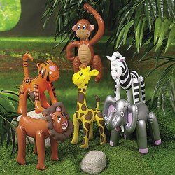 Use wild animal inflatables as jungle party decorations. This set of twelve jungle animal inflatables can be used in and out of the pool.  Set your party theme - at just about $2 each - with lions, zebras, elephants, monkeys and giraffes. Jungle Theme Birthday Party Games, Trunk Or Treat Animal Theme, Zoo Theme Birthday, Zoo Birthday Party, Jungle Party Decorations, Party Inflatables, Jungle Theme Parties, Jungle Theme Birthday, Jungle Birthday Party