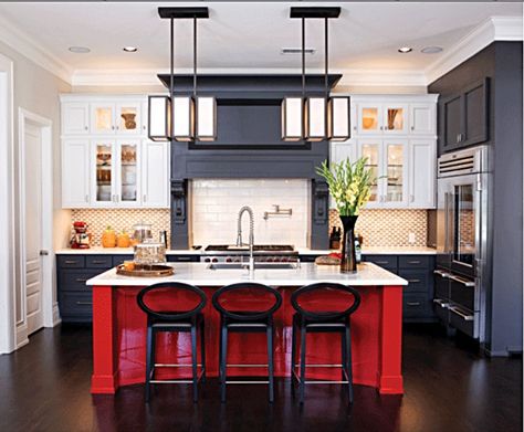 Not sure if I can handle the red island but I like the white, charcoal and red combo color scheme. Red Kitchen Island, Kitchen Design Color, Kitchen Concepts, Farmhouse Sink Kitchen, Red Kitchen, Grey Kitchens, Trendy Kitchen, Kitchen Paint, Painting Kitchen Cabinets